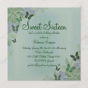 Invitación dulce 16 mariposa brillo verde y azul