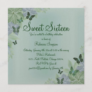 Invitación dulce 16 mariposa brillo verde y azul