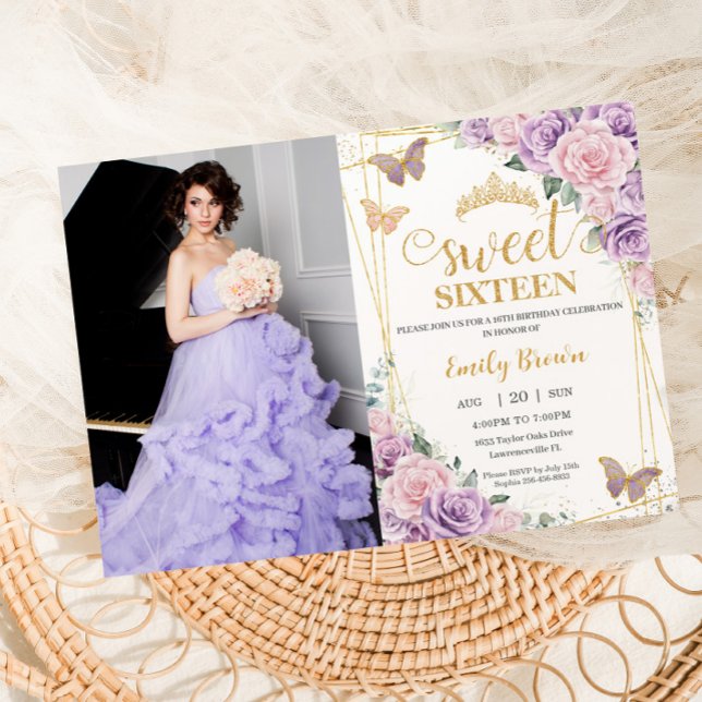 Invitación Dulce 16 Mariposa Morada Lilac Rosada Floral Foto (Subido por el creador)