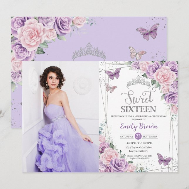 Invitación Dulce 16 Mariposa Morada Lilac Rosada Floral Foto (Anverso / Reverso)