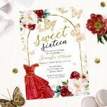 Invitación Dulce 16 Mariposa Vestido Rojo Floral<br><div class="desc">Adorable, dorado rojo floral, dulce 16 invitaciones de fiesta de cumpleaños. Fácil de personalizar con tus detalles. Por favor, contacte conmigo a través del chat si tiene preguntas sobre el trabajo artístico o necesita personalización. Compruebe la colección para ver más elementos. NOTA: Para obtener ayuda sobre pedidos, envío, información sobre...</div>