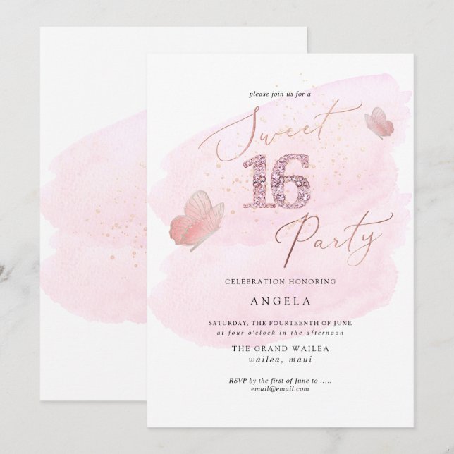 Invitación Dulce 16 Mariposas De Diamantes Rosa (Anverso / Reverso)