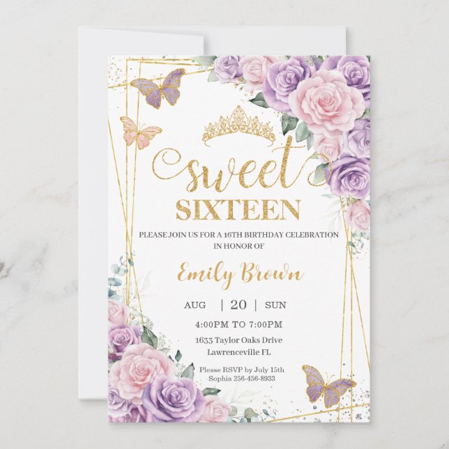 Invitación Dulce 16 Mariposas Florales Púrpura Lilac Rosa (Anverso)