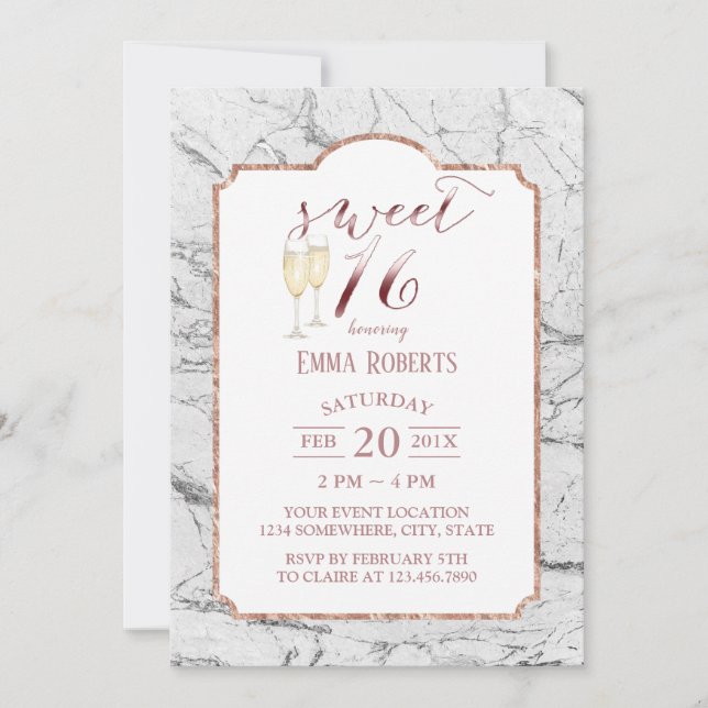 Invitación Dulce 16 Mármol blanco moderno de moda de oro Rosa (Anverso)