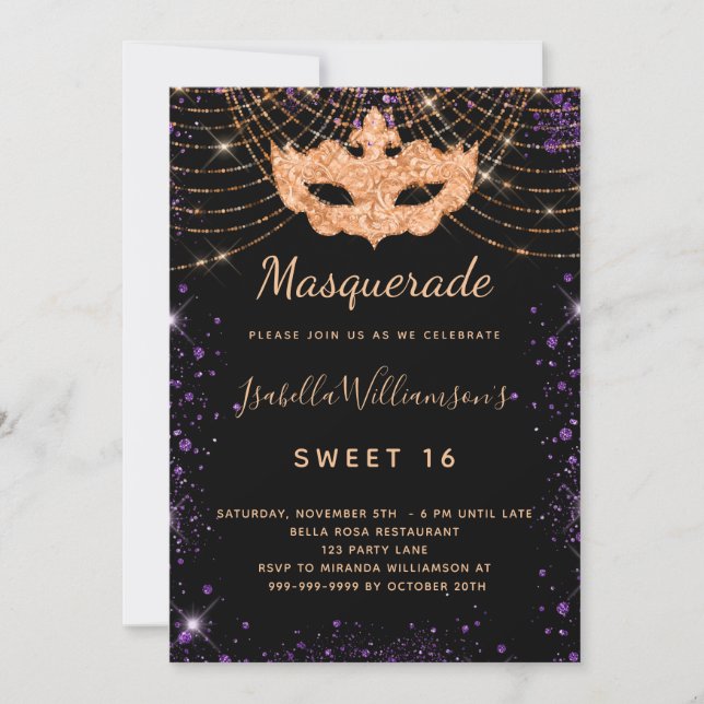 Invitación Dulce 16 máscaras purpurina morado negro oro (Anverso)