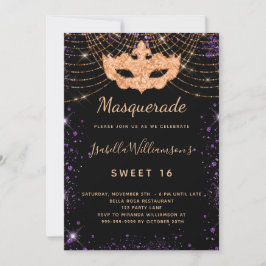 Invitación Dulce 16 máscaras purpurina morado negro oro
