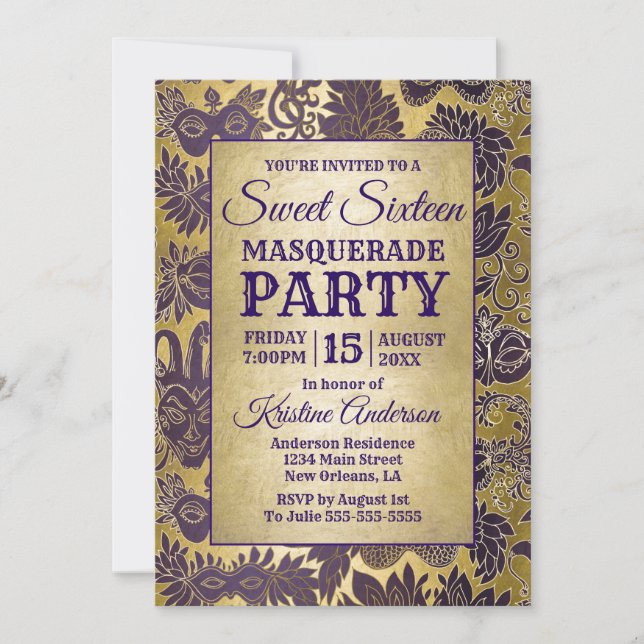 Invitación Dulce 16 Masquerade Fiesta Máscara de oro morado (Anverso)