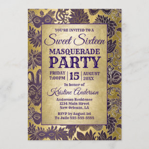 Invitación Dulce 16 Masquerade Fiesta Máscara de oro morado