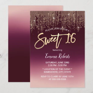Invitación Dulce 16 modernas secuelas de oro de borgoña