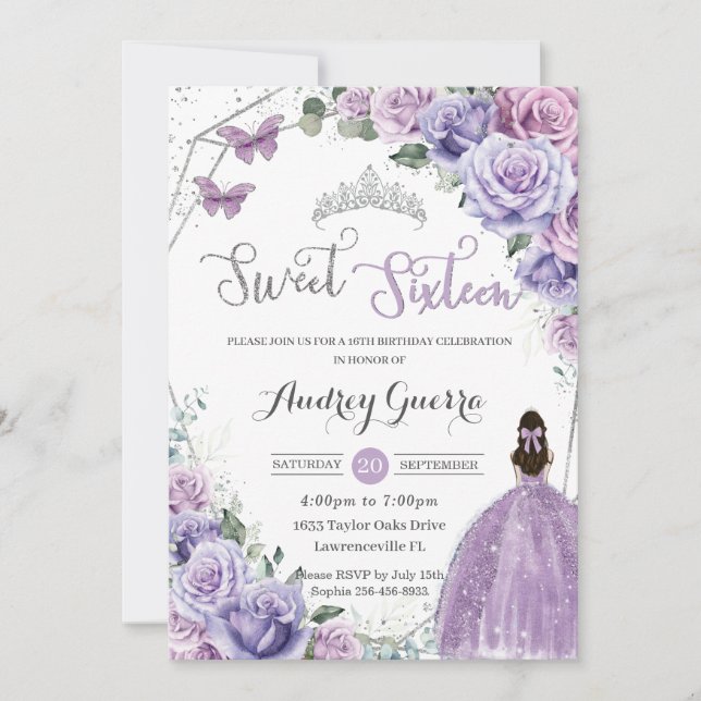 Invitación Dulce 16 Morado Floral Princesa Plata cumpleaños (Anverso)