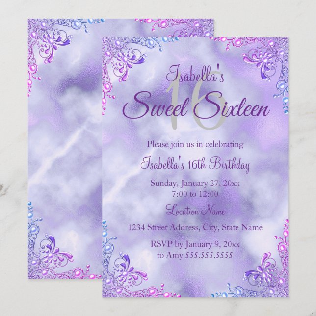 Invitación Dulce 16 Morado Lilac Silver Pearl Damask (Anverso / Reverso)