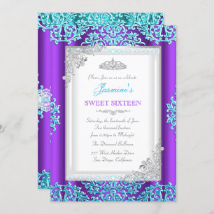 Invitación Dulce 16 Morado Verde azulado Lace Damask Tiara