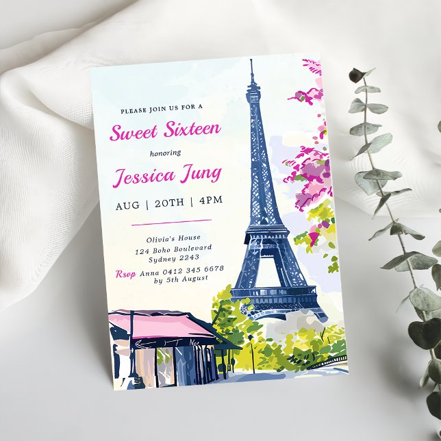 Invitación Dulce 16 Nacimiento acuático Floral Torre Eiffel (Subido por el creador)