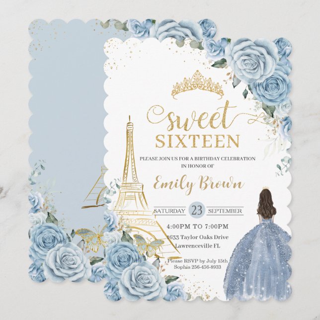 Invitación Dulce 16 Nacimiento Bebé Azul Floral París Oro (Anverso / Reverso)