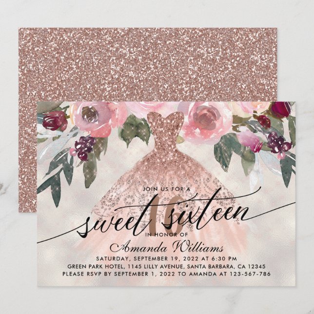 Invitación Dulce 16 Nacimiento Floral Rosa Gold Gown (Anverso / Reverso)