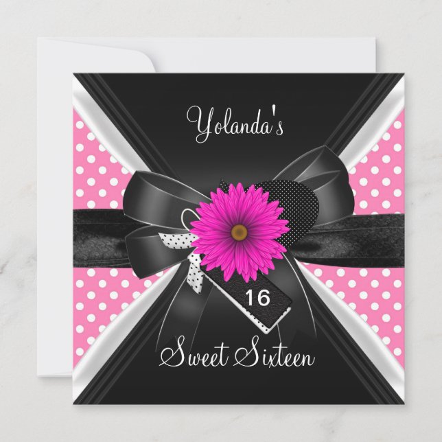 Invitación Dulce 16 Nacimiento Punto Polka Negro Rosa Blanco (Anverso)