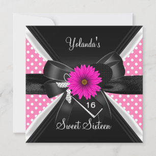 Invitación Dulce 16 Nacimiento Punto Polka Negro Rosa Blanco
