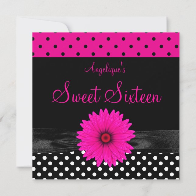 Invitación Dulce 16 Nacimiento Punto Polka Negro Rosa Blanco (Anverso)