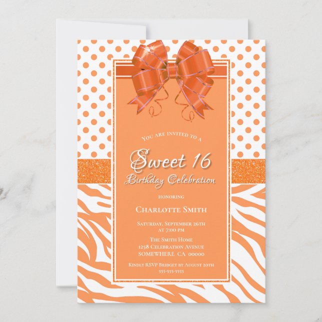 Invitación Dulce 16 Naranja y Fiesta blanco (Anverso)