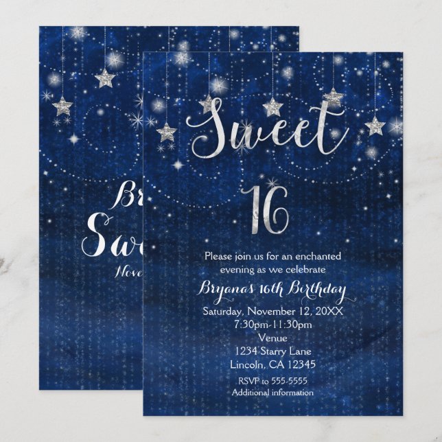 Invitación dulce 16 noche estrellada plateada y az (Anverso / Reverso)