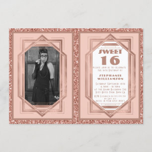 Invitación Dulce 16 oro Rosa y Purpurina Gatsby Art Deco