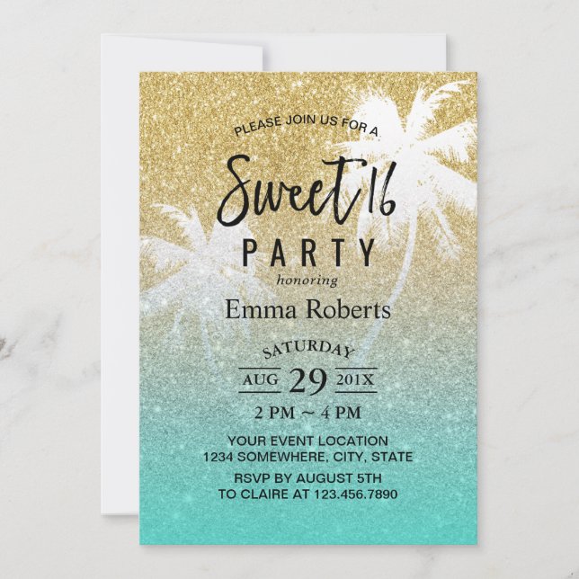 Invitación Dulce 16 Palm Beach Tropical Palm Tree Oro Moderno (Anverso)