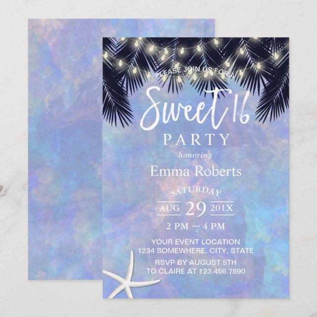 Invitación Dulce 16 Palm Tree Tropical Elegante acuarela (Anverso / Reverso)