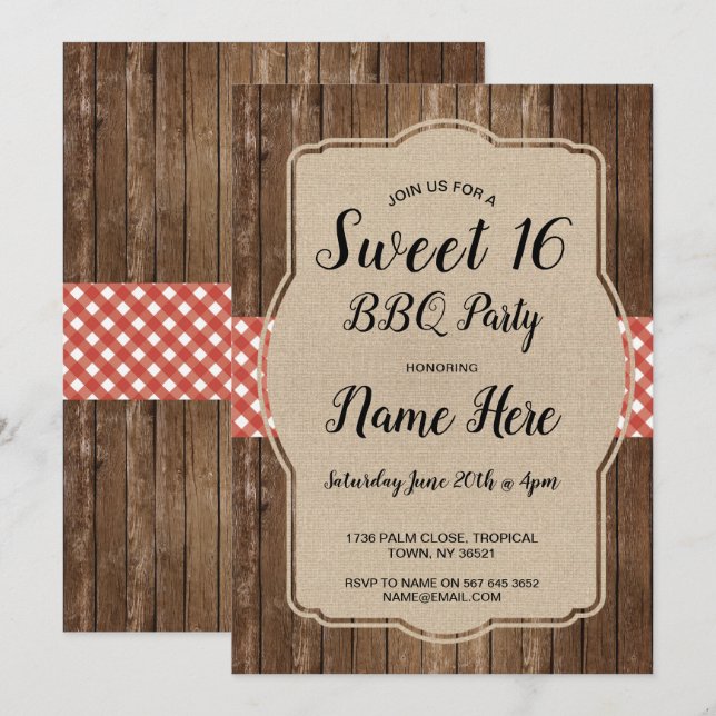 Invitación Dulce 16 Partido de Cumpleaños BBQ Red Gingham Bur (Anverso / Reverso)
