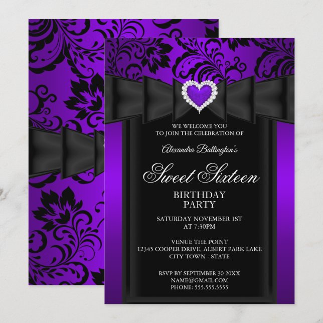 Invitación Dulce 16 Partido de Cumpleaños Morple Heart Damask (Anverso / Reverso)