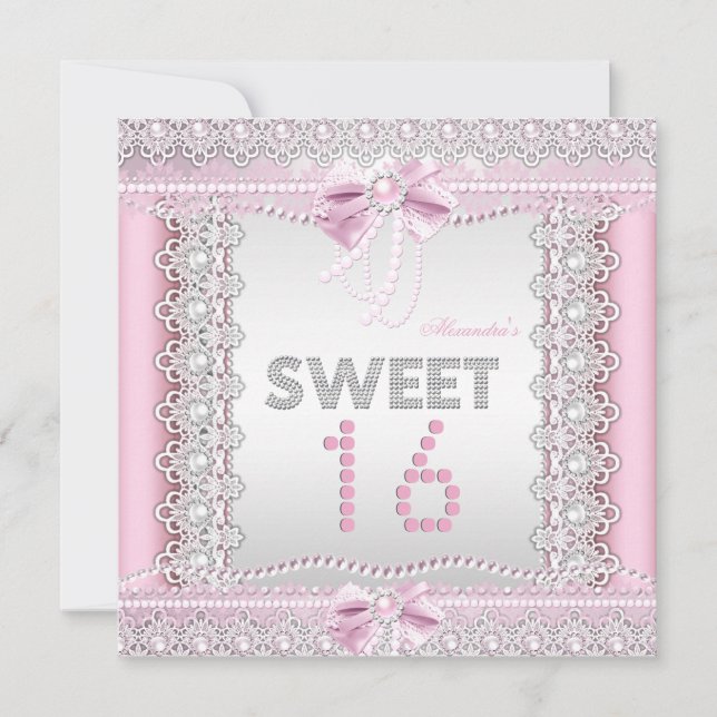 Invitación Dulce 16 Perlas Blancas Rosa Flor de encaje (Anverso)