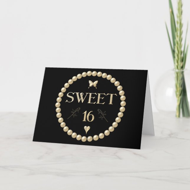 Invitación Dulce 16 - Perlas en "terciopelo" negro (Anverso)