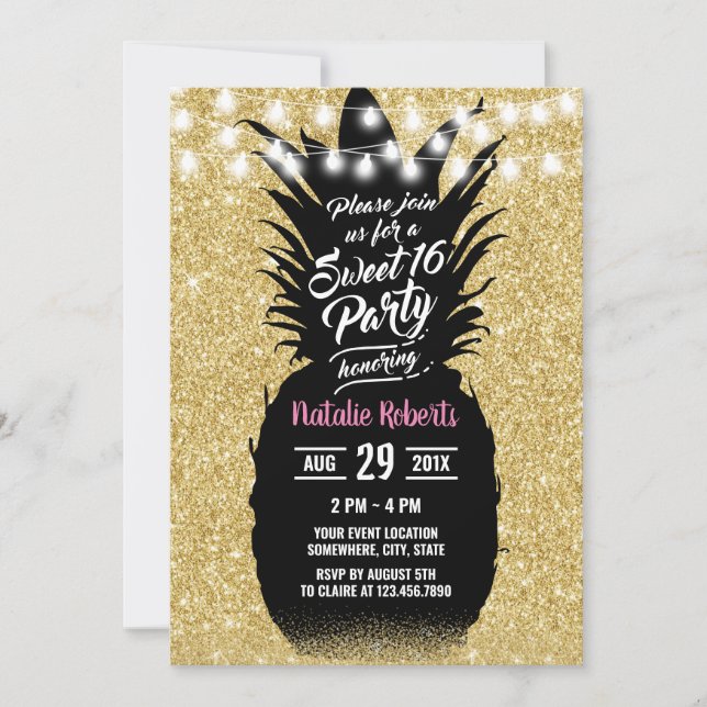 Invitación Dulce 16 Piña Purpurina de oro moderna (Anverso)