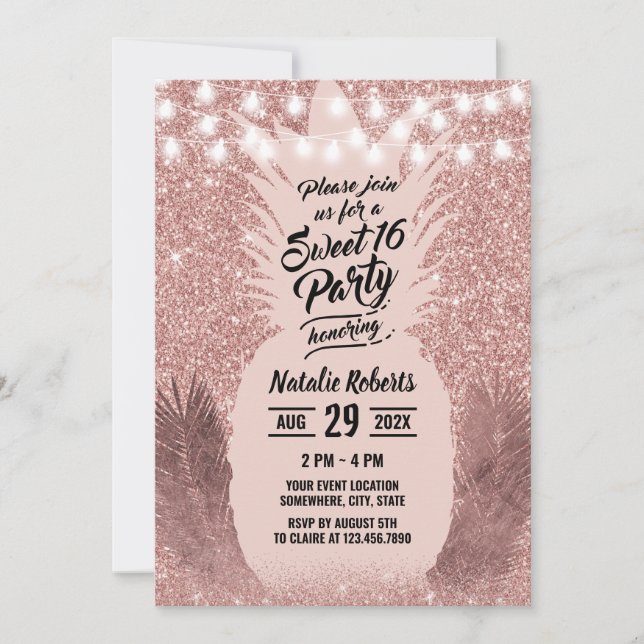 Invitación Dulce 16 Piña tropical de oro Rosa moderno (Anverso)