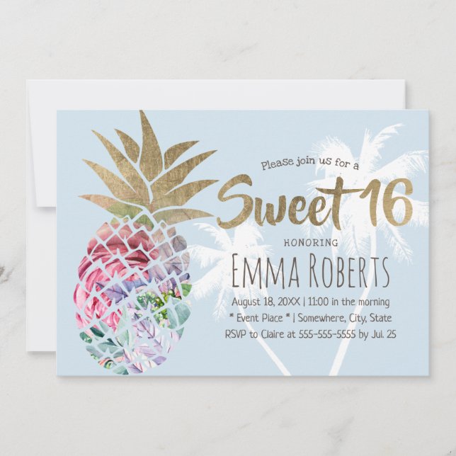 Invitación Dulce 16 piña tropical floral y palmera (Anverso)