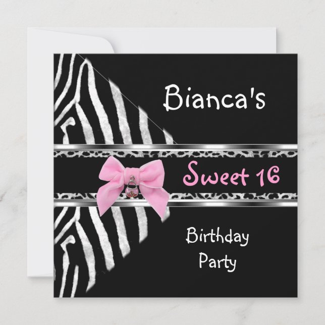 Invitación Dulce 16 Pink Silver Black Zebra Leopard Cumpleaño (Anverso)