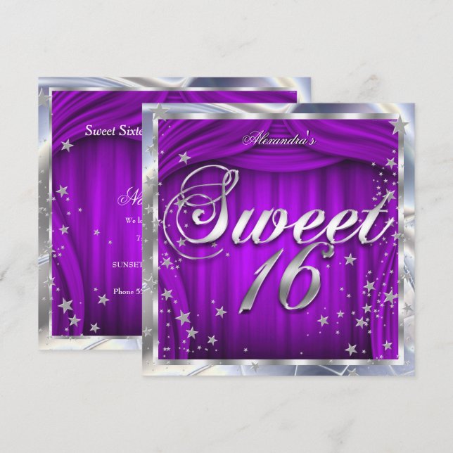 Invitación Dulce 16 Plata Morada Fiesta de Cumpleaños 16 (Anverso / Reverso)