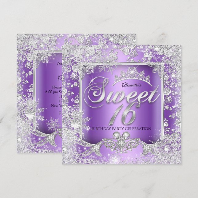 Invitación Dulce 16 Plata Púrpura Tiara Winter Wonderland (Anverso / Reverso)