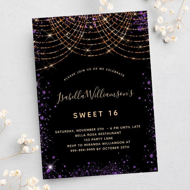 Invitación Dulce 16 polvo negro purpurina púrpura oro cumplea (Subido por el creador)