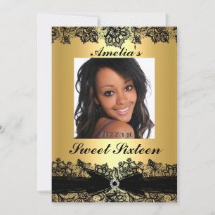 Invitación dulce 16 Pretty Gold & Black Lace Photo