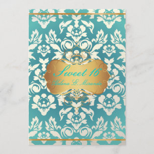 Invitación Dulce 16/ princesa/damasco de perla/verde azulado