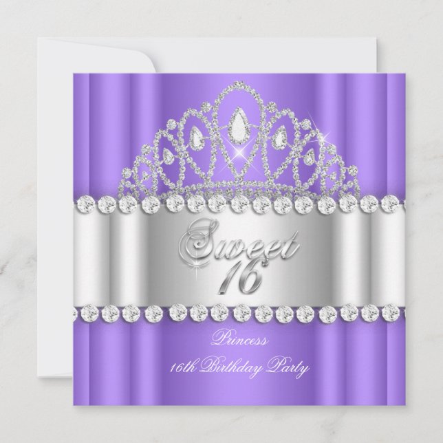 Invitación Dulce 16 Princesa Morado Diamante Blanco Tiara (Anverso)