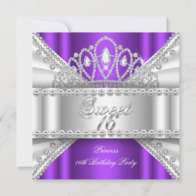 Invitación Dulce 16 Princesa Morado Diamante Blanco Tiara (Anverso)