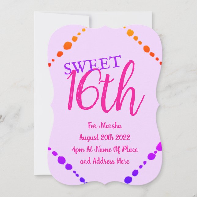 Invitación Dulce 16 puntos de diversión Púrpura rosa Texto (Anverso)