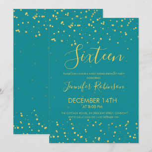 Invitación Dulce 16 puntos de Relieve metalizado dorado Verde