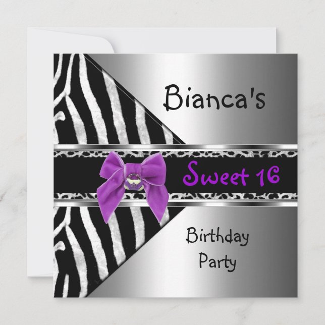 Invitación Dulce 16 Púrpura Plata Leopardo de cebra negra (Anverso)