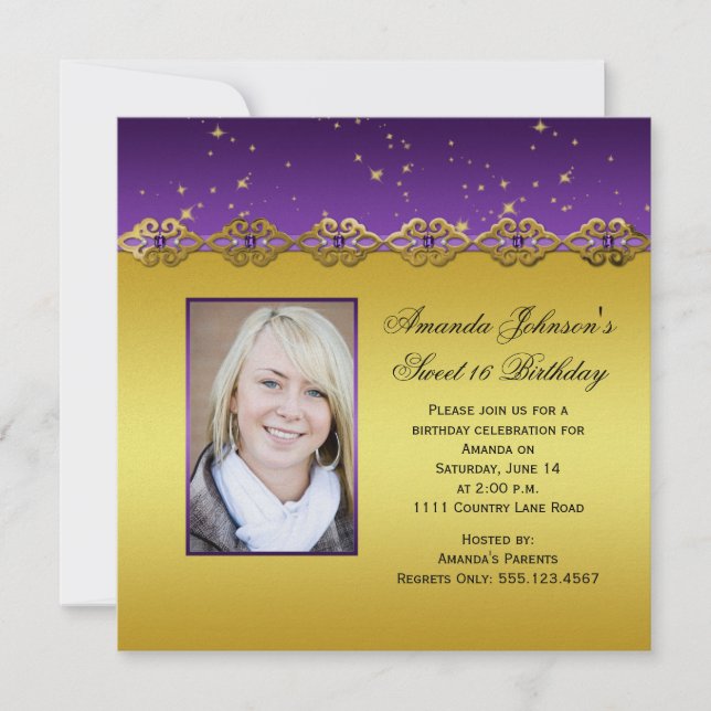 Invitación Dulce 16 púrpura y estrellas de las amatistas del (Anverso)