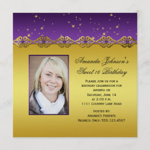 Invitación Dulce 16 púrpura y estrellas de las amatistas del