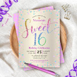 Invitación Dulce 16 Purpurina arcoiris Confetti Gold Cumpleañ<br><div class="desc">"Feliz dulce 16". Envíe esta impresionante, brillante, divertida, festiva, moderna, personalizada invitación para una fiesta que recordar. La tipografía con guion arcoiris purpurina, junto con el turquesa festivo, el rosa púrpura y el confetti dorado, superpone un fondo metálico de Relieve metalizado de oro de champán. Un patrón de punto purpurina...</div>