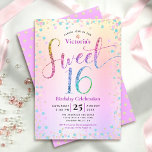 Invitación Dulce 16 Purpurina arcoiris Confetti Ombre Cumplea<br><div class="desc">"Feliz dulce 16". Envíe esta impresionante, brillante, divertida, festiva, moderna, personalizada invitación para una fiesta que recordar. La tipografía del guion arcoiris purpurina, junto con el turquesa festivo, el rosa púrpura y el confetti dorado, superpone un fondo metálico de Relieve metalizado arcoiris oscuro. Un patrón de punto purpurina dorado se...</div>