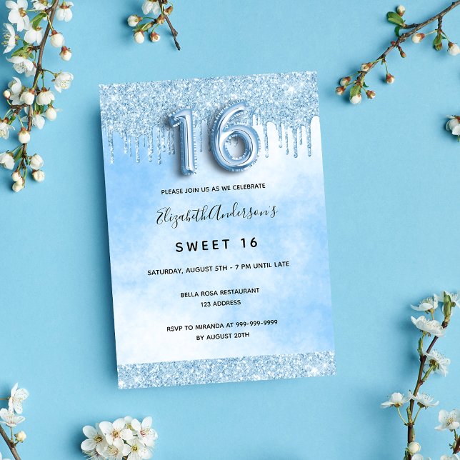 Invitación Dulce 16 purpurina azul claro gotea elegante (Subido por el creador)